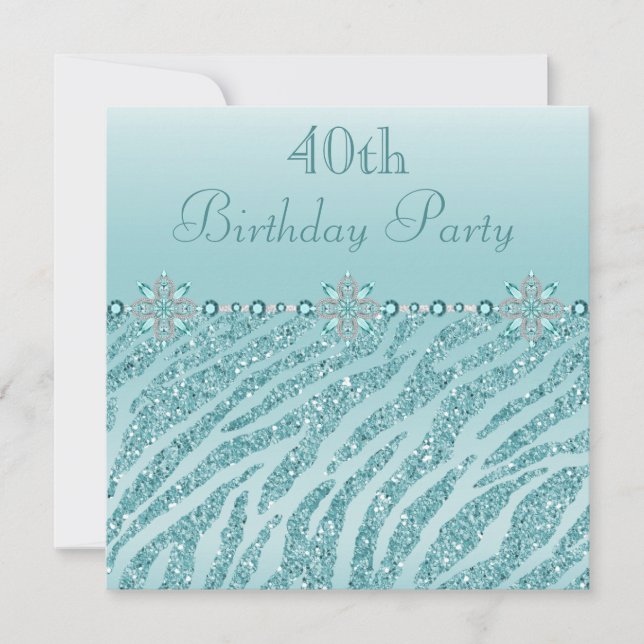 Teal Printed Jewels & Zebra Glitter 40th Birthday Invitation (Front)