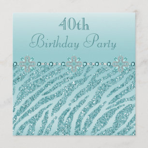 Teal Printed Jewels & Zebra Glitter 40th Birthday Invitation
