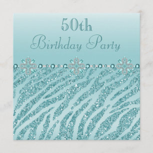 Teal Printed Jewels & Zebra Glitter 50th Birthday Invitation