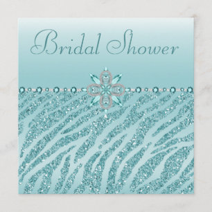 Teal Printed Jewels & Zebra Glitter Bridal Shower Invitation