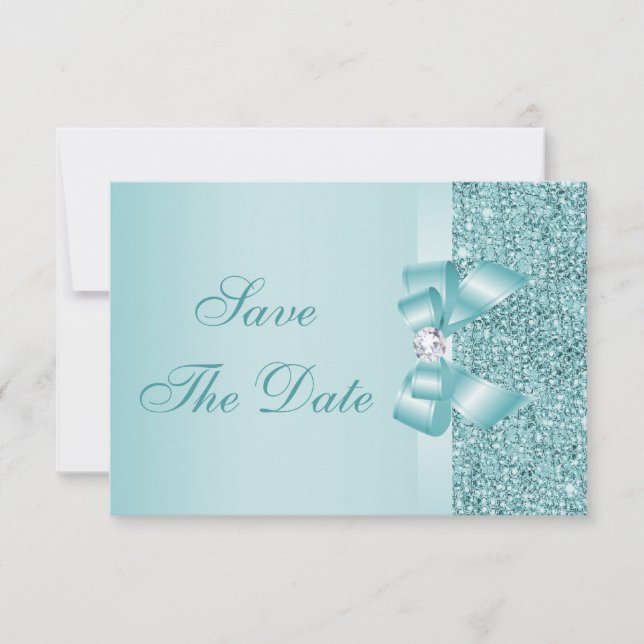 Teal Printed Sequins Baby Shower Save the Date (Front)