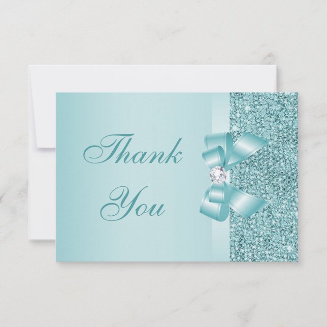 Teal Printed Sequins Bow & Diamond Thank You Card (Front)
