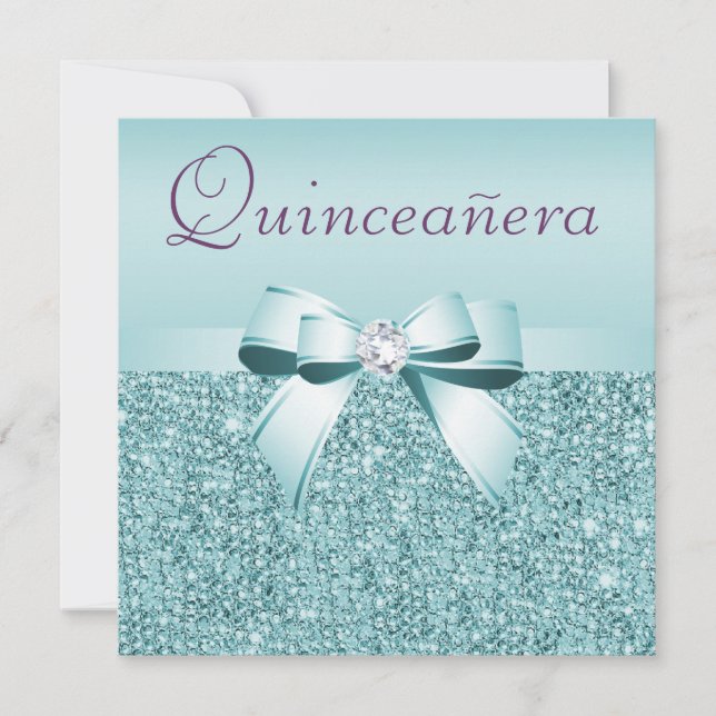 Teal Printed Sequins & Bow Quinceanera Invitation (Front)