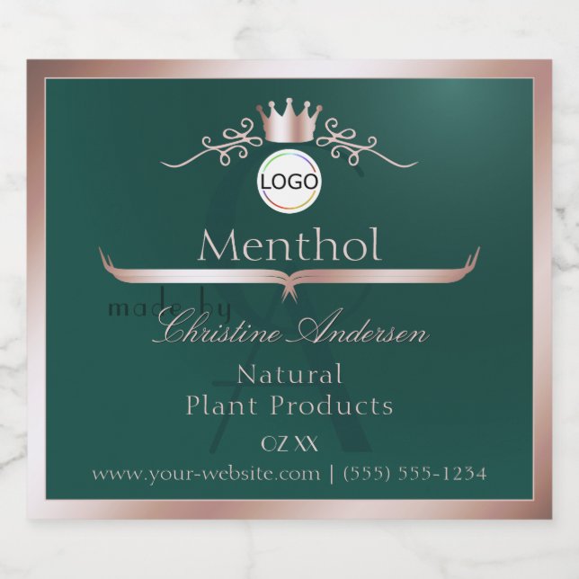 Teal Product Label Rose Gold Frame Logo Monogram (Single Label)