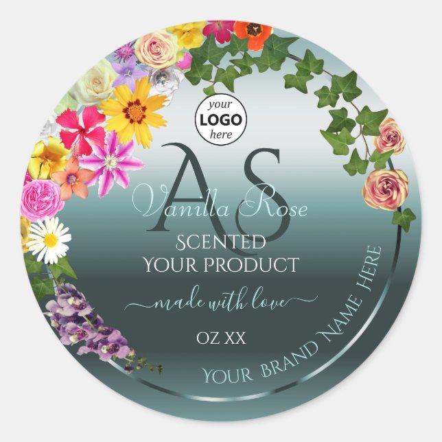 Teal Product Labels Colourful Flowers Initials Log (Front)