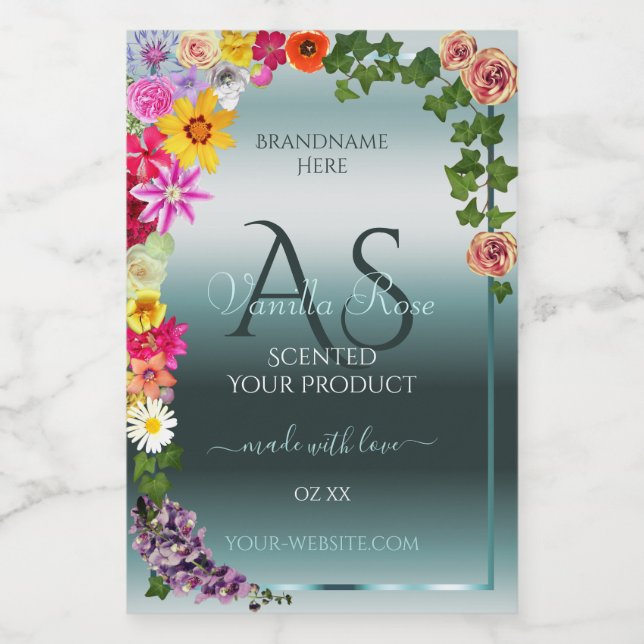 Teal Product Labels Colourful Flowers with Initial (Single Label)
