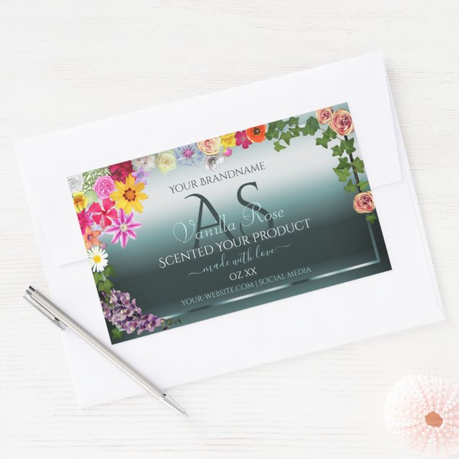 Teal Product Labels Colourful Flowers with Initial (Envelope)