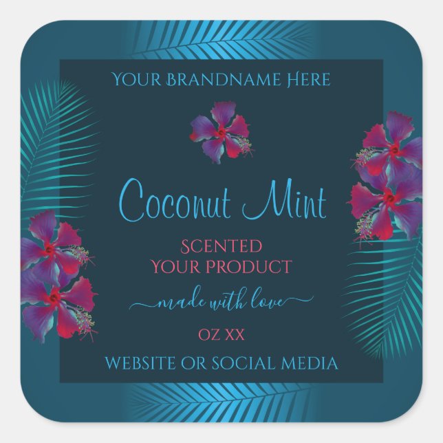 Teal Product Labels Purple Red Hawaiian Flowers (Front)