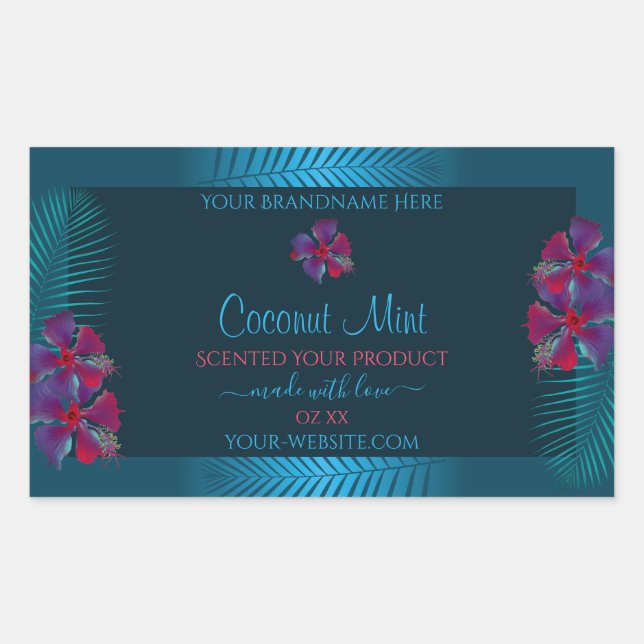 Teal Product Labels Purple Red Hawaiian Flowers (Front)