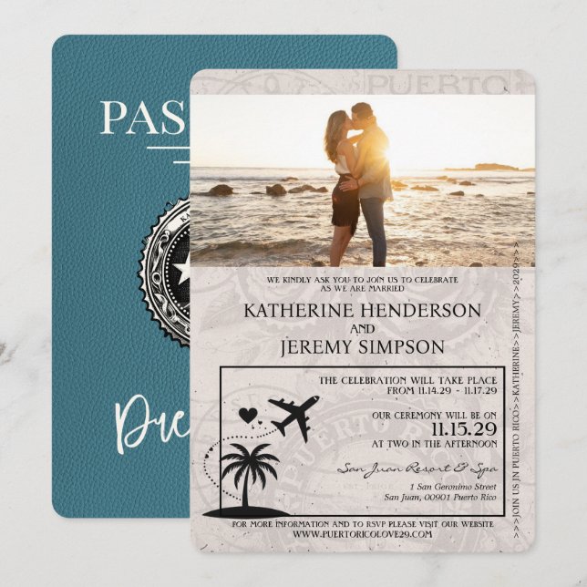 Teal Puerto Rico Passport Wedding Invitation (Front/Back)
