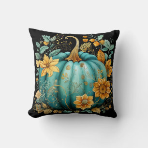 Teal Pumpkin Autumn Boho Fall Black Cushion