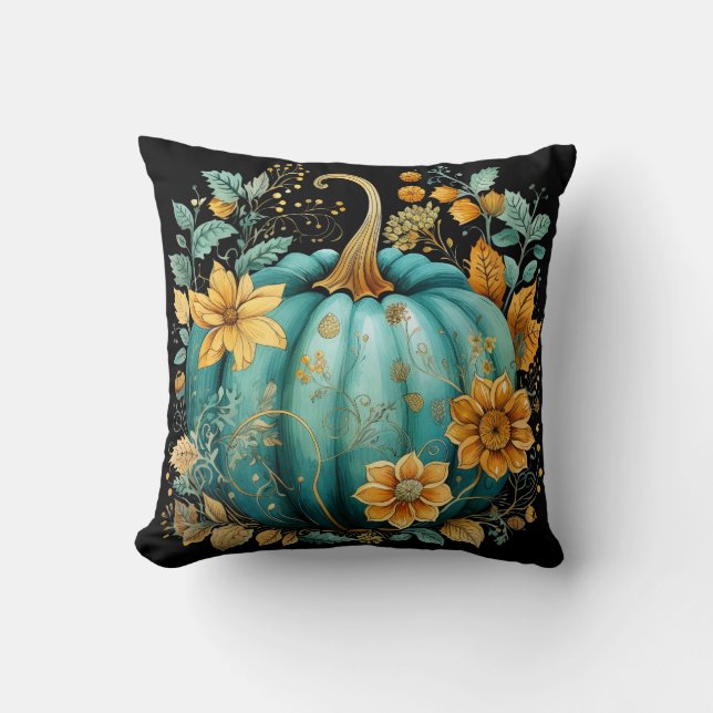 Teal Pumpkin Autumn Boho Fall Black Cushion (Front)