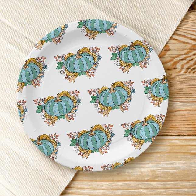 Teal Pumpkin Fall Floral Pattern Paper Plate (Creator Uploaded)