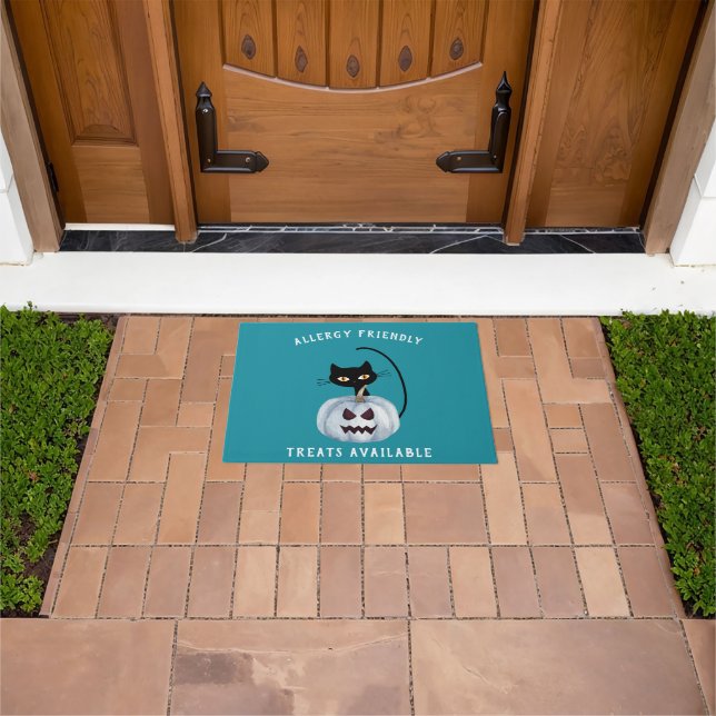 Teal Pumpkin Halloween Black Cat Allergy Friendly Doormat (Outdoor)