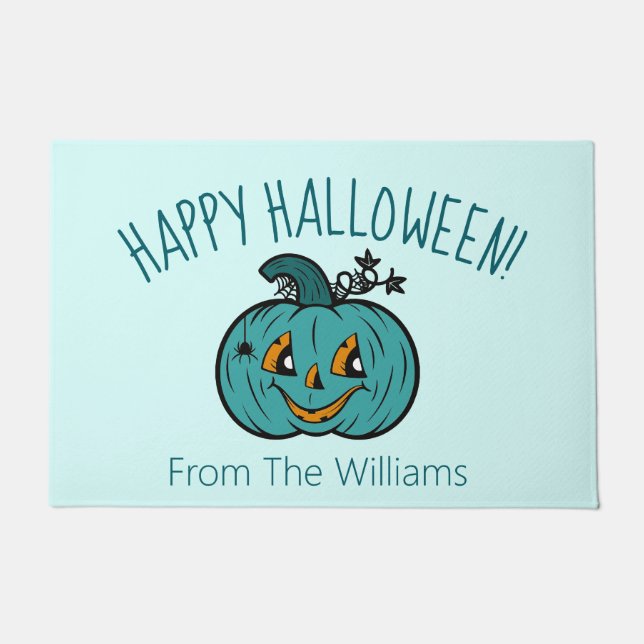 Teal Pumpkin JackoLantern Happy Halloween Doormat (Front)