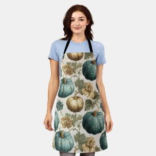Teal Pumpkins and Golden Floral Pattern Apron