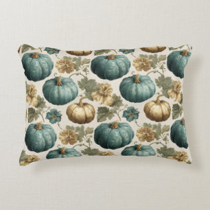 Teal Pumpkins and Golden Floral Pattern Decorative Cushion