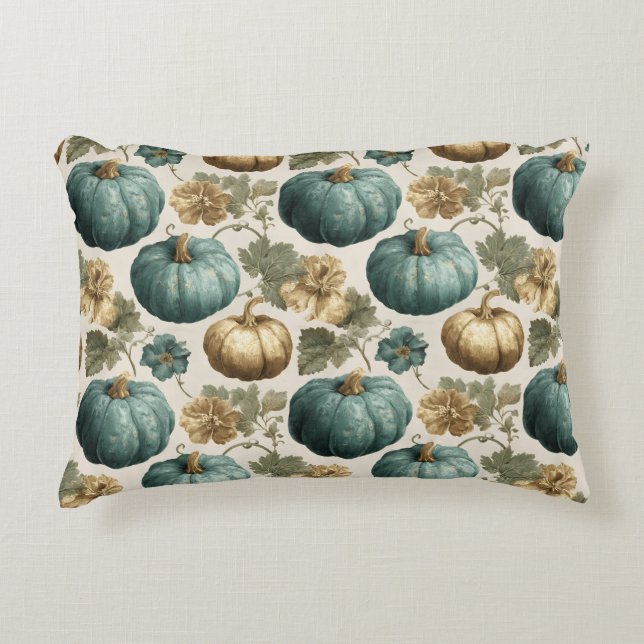 Teal Pumpkins and Golden Floral Pattern Decorative Cushion (Front)