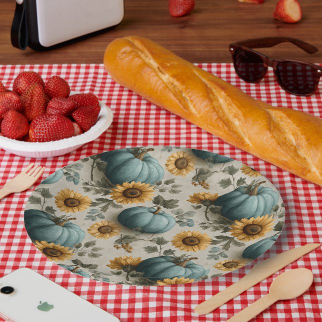 Teal Pumpkins and Golden Sunflowers Paper Plate (Picnic)