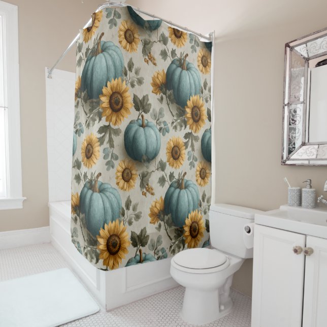 Teal Pumpkins and Golden Sunflowers Shower Curtain (In Situ)