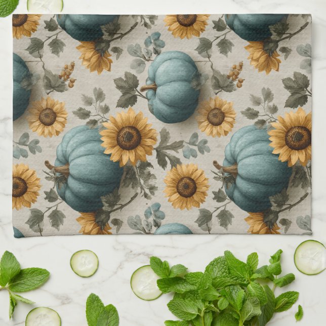 Teal Pumpkins and Golden Sunflowers Tea Towel (Folded)
