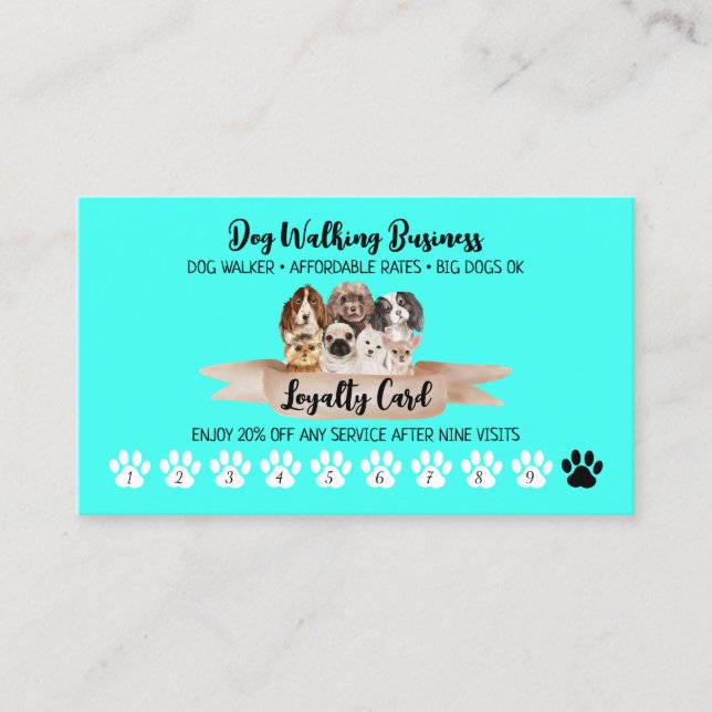 Teal Punch Dog Walker Loyalty Discount Business Card (Front)