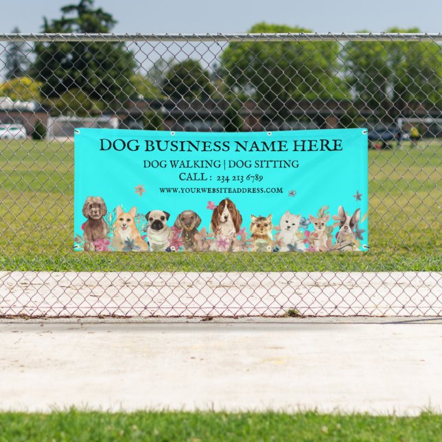 Teal Puppies on Floral Botanical Dog Groomer Banner (Insitu)