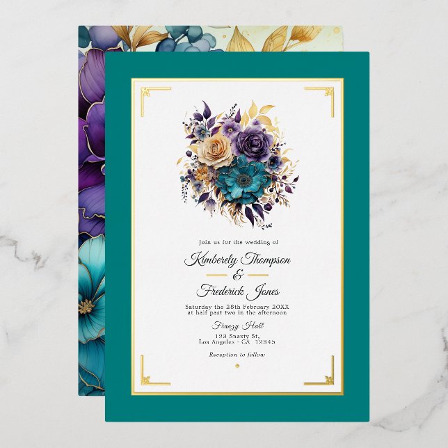 Teal, Purple, and Gold Floral Wedding (Front/Back)