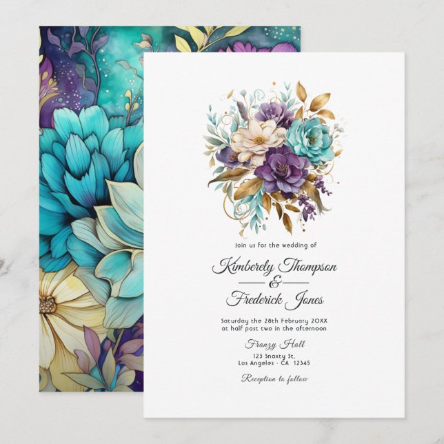 Teal, Purple, and Gold Floral Wedding Invitation (Front/Back)