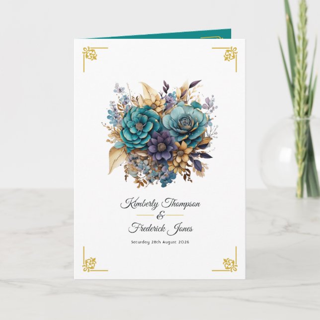Teal, Purple, and Gold Floral Wedding Programme (Front)