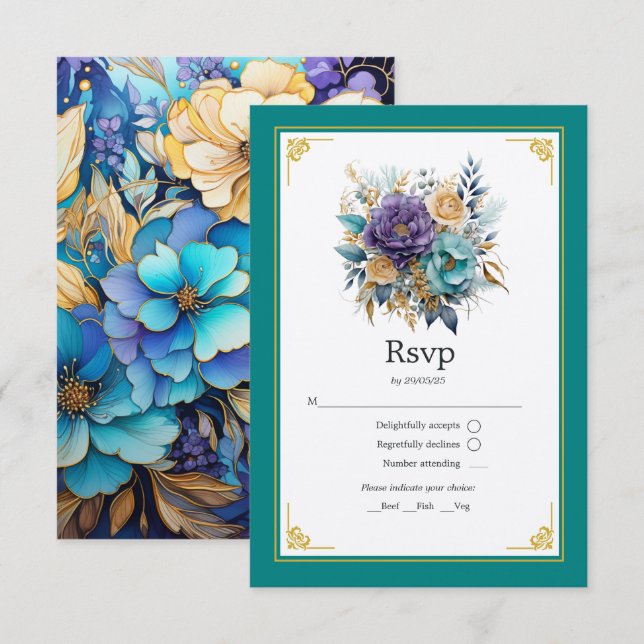 Teal, Purple, and Gold Floral Wedding RSVP Card (Front/Back)