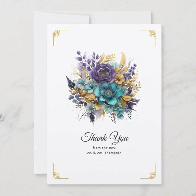 Teal, Purple, and Gold Floral Wedding Thank You Card (Front)