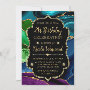 Teal, Purple and Gold Glitter Agate Frame Birthday Invitation