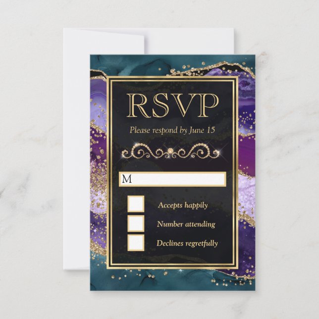 Teal, Purple and Gold Glitter Agate Wedding RSVP Card (Front)