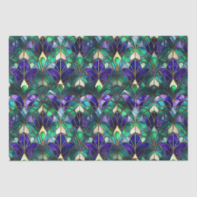 Teal, Purple and Gold Peacock Stained Glass Tissue Paper (Front)