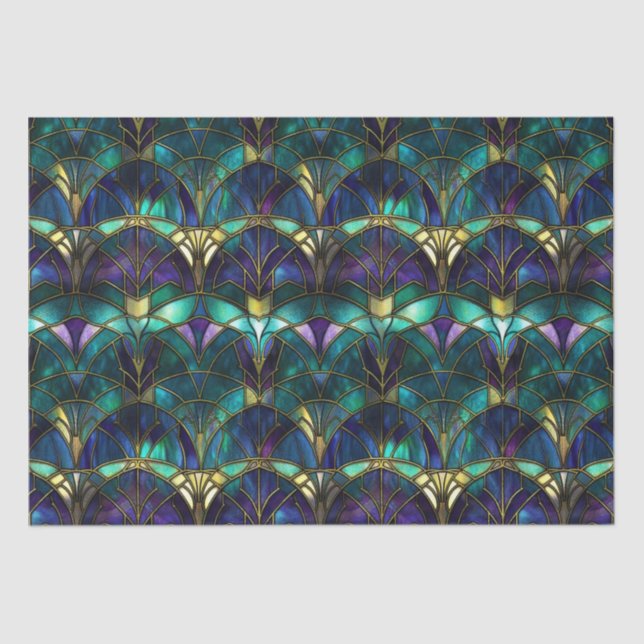 Teal, Purple and Gold Peacock Stained Glass Tissue Paper (Front)
