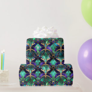 Teal, Purple and Gold Peacock Stained Glass Wrapping Paper