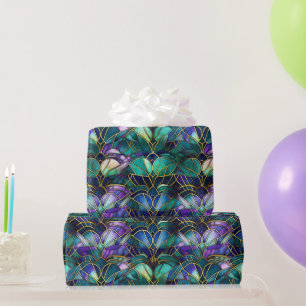 Teal, Purple and Gold Peacock Stained Glass Wrapping Paper