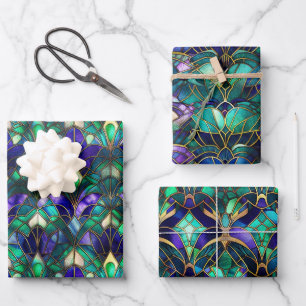Teal, Purple and Gold Peacock Stained Glass Wrapping Paper Sheet