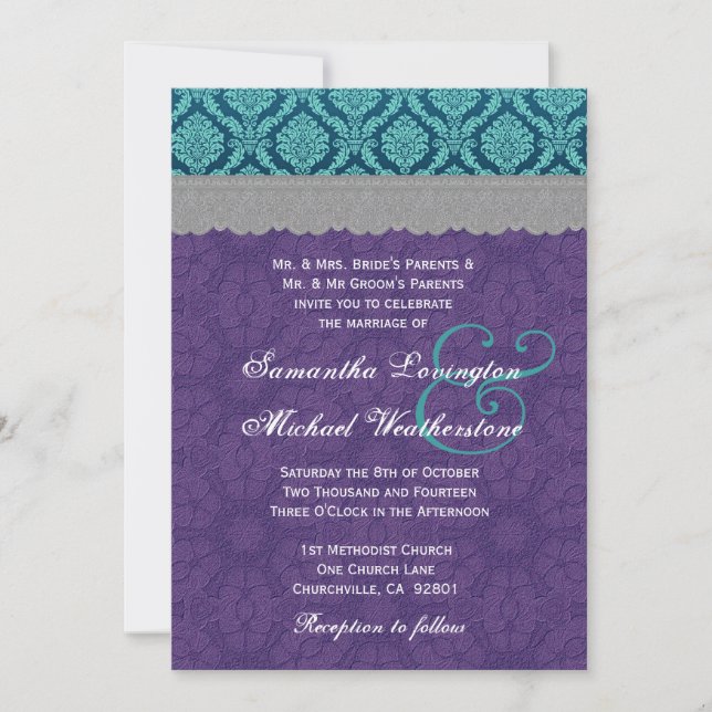 Teal, Purple and Grey Lace Wedding Monogram G500E3 Invitation (Front)