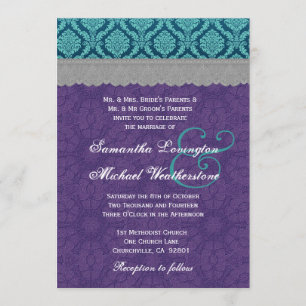 Teal, Purple and Grey Lace Wedding Monogram G500E3 Invitation