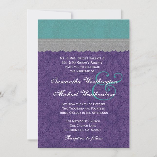 Teal, Purple and Grey Lace Wedding Monogram G500E4 Invitation (Front)