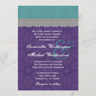 Teal, Purple and Grey Lace Wedding Monogram G500E4 Invitation