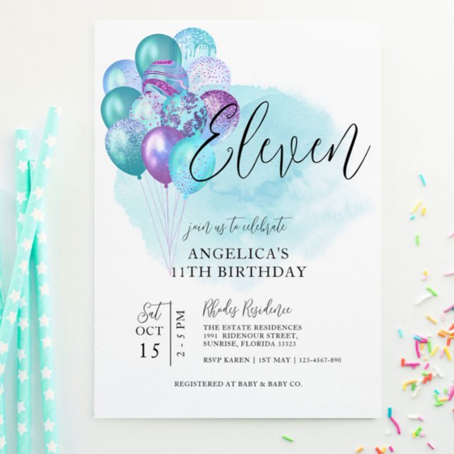 Teal Purple Balloons 11th Birthday Invitation (Creator Uploaded)