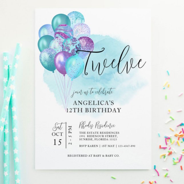 Teal Purple Balloons 12th Birthday Invitation (Creator Uploaded)