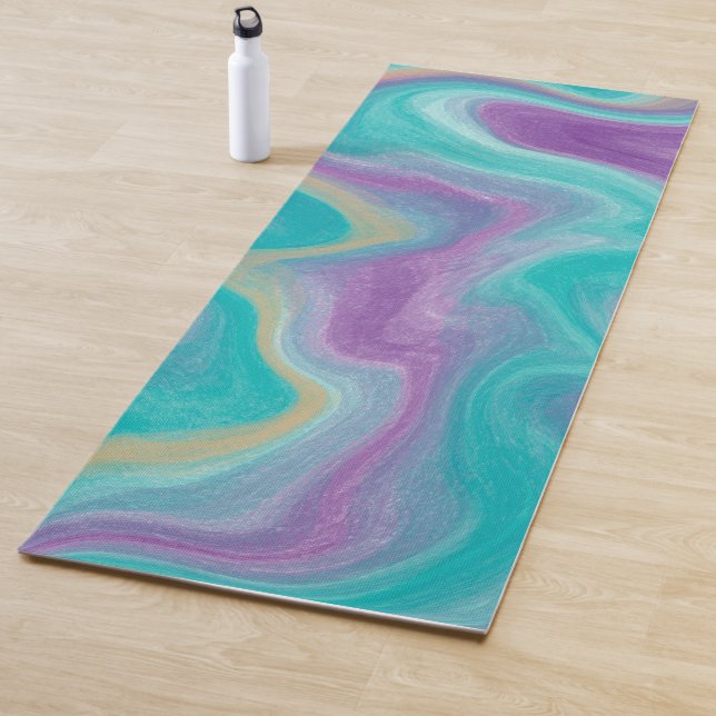 Teal, Purple, Blue and Gold Swirl Fluid Art Yoga Mat (In Situ)