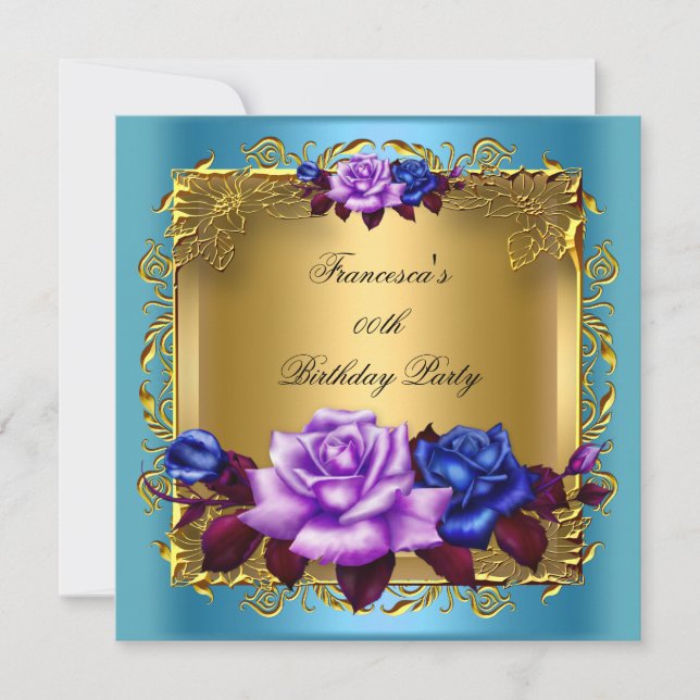 Teal Purple Blue Roses Gold Birthday Party Invitation (Front)