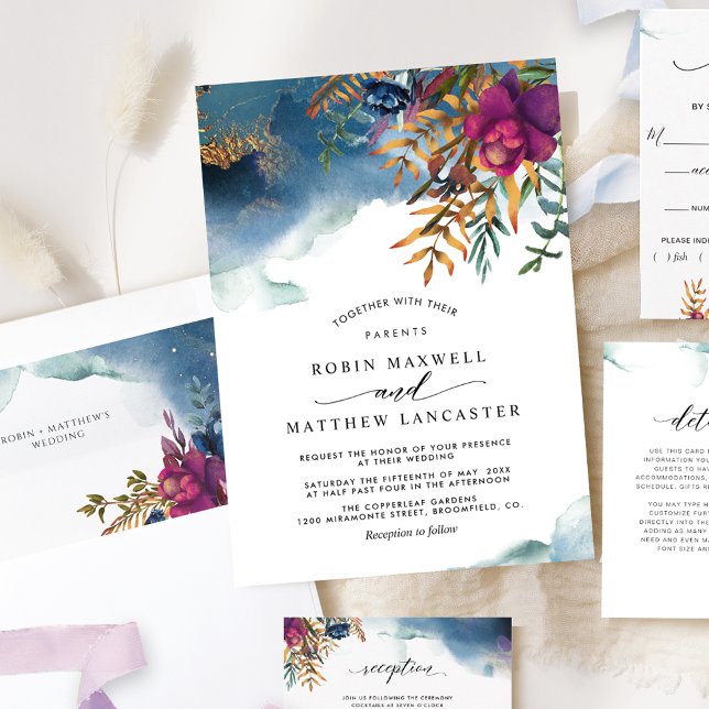 Teal Purple Blue Watercolor, Mystic Garden Wedding Invitation (Creator Uploaded)