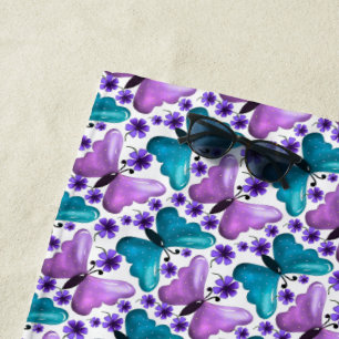 Teal purple butterfly floral pattern beach towel