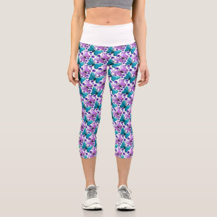 Teal purple butterfly floral pattern capri leggings